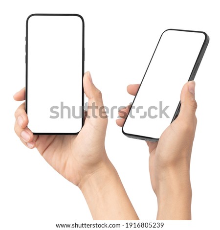 Set of man hand holding the black smartphone with blank screen isolated on white background with clipping path, Can use mock-up for your application or website design project. Royalty-Free Stock Photo #1916805239