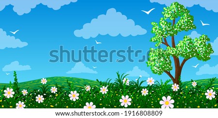 Spring vector illustration tree on meadow with flowers against a blue sky.