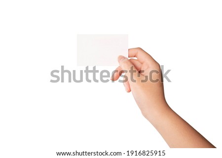 Woman hand holding white card isolated on white background.