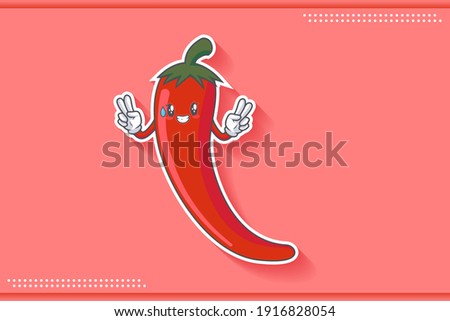NERVOUS, PHEW, DISAPPOINTED, RELIEVED Face Emotion. Double Peace Finger Hand Gesture. Chili Vegetable Cartoon Drawing Mascot Illustration.