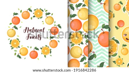 Vector collection of cute cartoon colorful oranges isolated on white background. Set of Illustration and seamless patterns design for t-shirt print, fabric, wallpaper, card