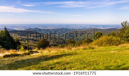 Panoramic view of eastern Beskidy mountains from Gron Jana Pawla II - John Paul II peak in Little Beskids mountains near Andrychow in Lesser Poland Royalty-Free Stock Photo #1916911775