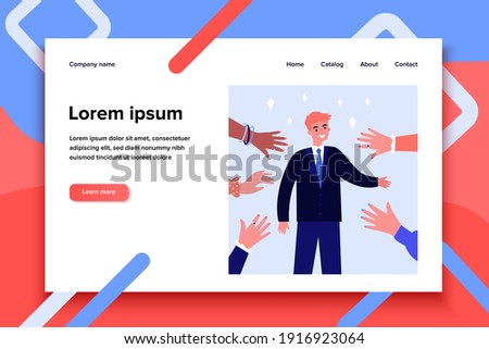 Smiling celebrity greeting people and waving hands. Star, fan, famous person flat vector illustration. Fame, popularity and crowd concept for banner, website design or landing web page Royalty-Free Stock Photo #1916923064