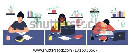Set of students doing homework. A laptop and a book are on the table. African American girl working on a laptop. The guy is reading a book. The girl is writing an essay. Flat vector illustration. Royalty-Free Stock Photo #1916933567