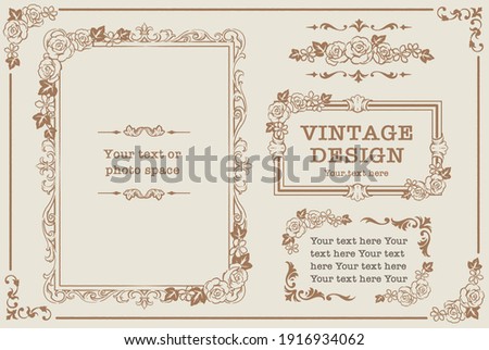 Set of decorative photo frames and ornaments, dividers with flowers in vintage style. Vector illustration. Royalty-Free Stock Photo #1916934062