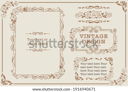 Set of decorative photo frames and ornaments, dividers with flowers in vintage style. Vector illustration. Royalty-Free Stock Photo #1916940671