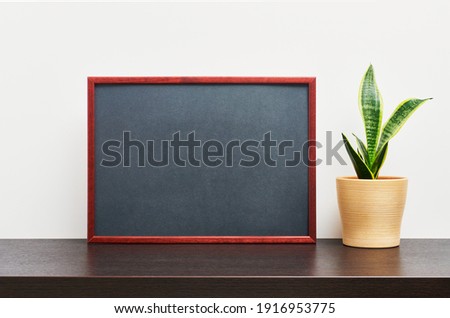 Brown wooden frame or chalkboard mockup in landscape orientation with a cactus in a pot on dark workspace table and white background