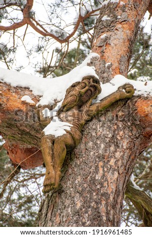 Beautiful wooden sculpture of Christ or Jesus covered by snow hanging from the trunk of a tree in a forest or park in winter, vertical