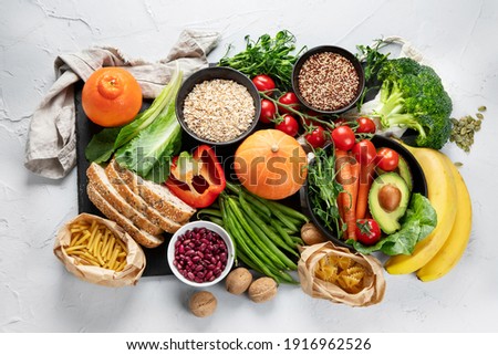 High Fiber Foods., Healthy balanced dieting concept.. Foods high in antioxidants,minerals and vitamins. Immune boosting. Flat lay., top view Royalty-Free Stock Photo #1916962526