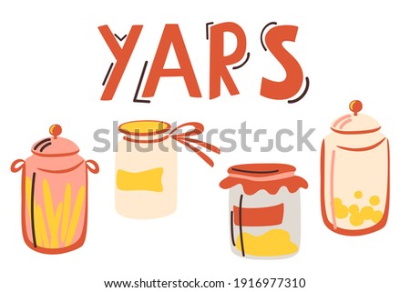 Set of hand drawn colorful jar for products isolated on a white background. Kitchen utensils and utensils. Hand drawn vector kitchen glass bottles and jars. Doodle style. Isolated on white.