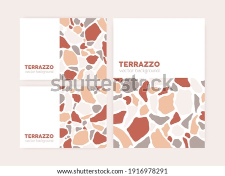 Set of vertical and horizontal cards with terrazzo pattern and place for text on white background. Templates with geometric abstract design, graphic organic shapes. Colored flat vector illustration Royalty-Free Stock Photo #1916978291