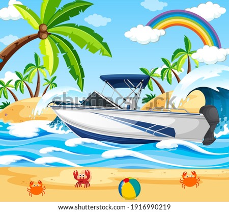 Beach scene with a speed boat illustration