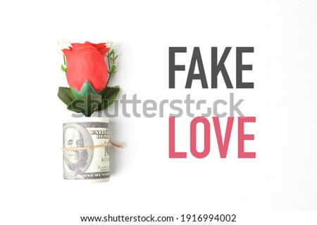 Top view of money banknote and flower over white background written with text FAKE LOVE.