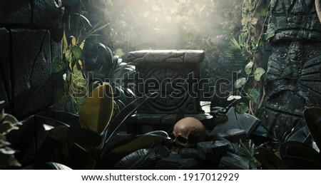 Human skull and ancient ruins in the jungle, exploration and adventure concept Royalty-Free Stock Photo #1917012929