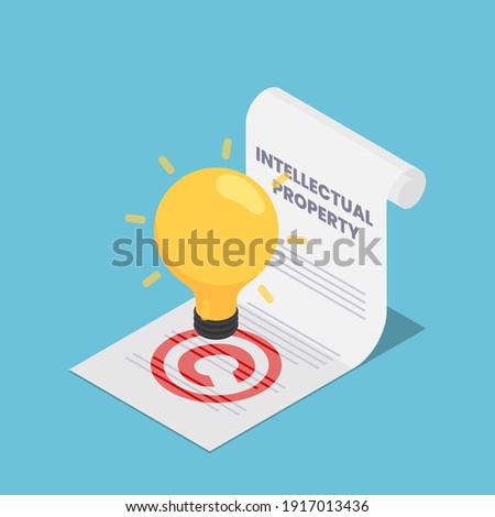 Flat 3d Isometric Light Bulb on Intellectual Property Document. Intellectual Property and Copyrights Concept Royalty-Free Stock Photo #1917013436