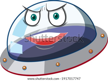 Ufo with angry face expression on white background illustration