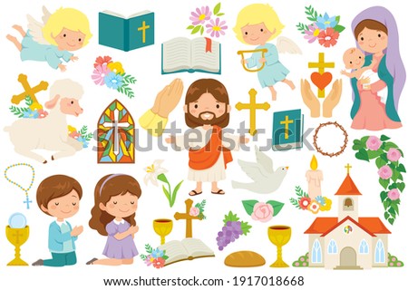 Christianity clipart bundle. Various religious symbols and cartoon characters of Jesus, Mary, cute angels and praying kids.
