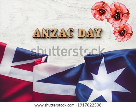 Anzac Day. Lest We Forget. Beautiful greeting card. Close-up, view from above. National holiday concept. Congratulations for family, relatives, friends and colleagues