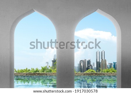 Mosque window with a cityscape view and a blue sky background