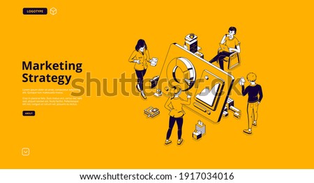 Marketing strategy isometric landing page. Tiny business people around huge digital device with data graphs and charts. Online trading, investment, automation technology, 3d vector line art web banner