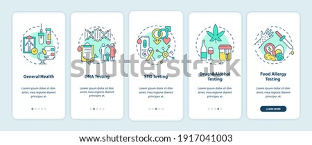 Top testing categories onboarding mobile app page screen with concepts. General health, STD testing walkthrough 5 steps graphic instructions. UI vector template with RGB color illustrations
