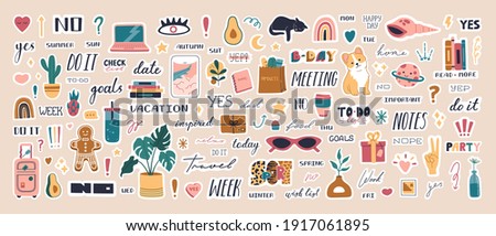 Big collection of trendy planner stickers for diaries and to do list. Cute weekly pictures and lettering, modern scheduler and organizer motivation quote. Colored vector flat cartoon illustration Royalty-Free Stock Photo #1917061895