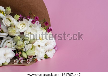 Freesia isolated bunch on the pink background, happy birthday card