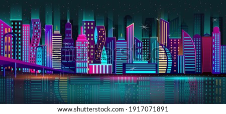 Night city, a metropolis with a neon glow and bright colors bridge over the river. Vector, EPS 10 Royalty-Free Stock Photo #1917071891