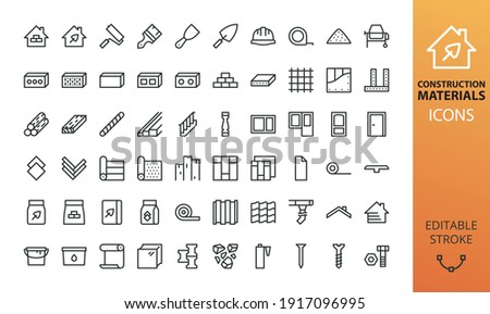 Construction materials isolated icon set. Set of building tools, blocks, floor and roof materials, door, window, cement bag, tile adhesive, house siding, timber, drywall, metal profile vector icons Royalty-Free Stock Photo #1917096995