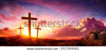 Crucifixion And Resurrection of Jesus at Sunrise Royalty-Free Stock Photo #1917099005