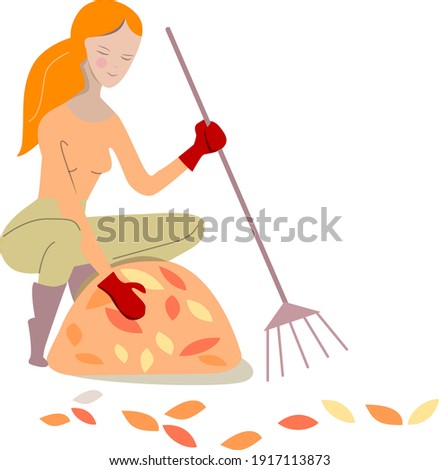 Young woman rakes yellow autumn leaves. Isolated person on white background. Flat style