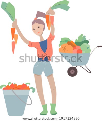 Happy woman standing with fresh carrots. Harvest concept. Vector illustration can be used for vegetable picking, , farming