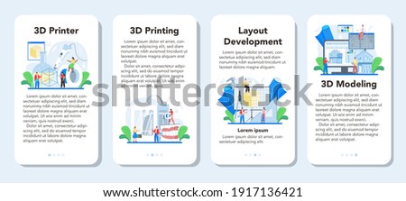 3D modeling mobile application banner set. Digital drawing with electronic tools and equipment. 3D modeling and engineering. Modern prototyping and construction. Isolated vector illustration