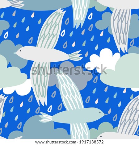 Vector seamless pattern with seagulls flying in the rain among the clouds Kids design with birds