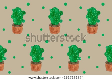 Seamless pattern with green cactuses in pots. Cartoon style print. Funny illustration. Funny watercolor doodle art. Children hand drawn picture. Positive summer illustration. Doodling style. Jpg file