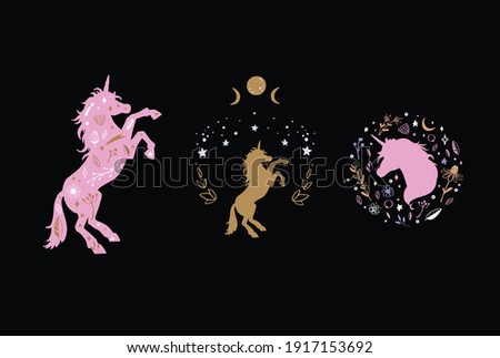 Magic unicorns vector illustration. Magical forest decor