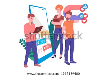 Smm, social media marketing, digital promotion on the internet, social network. Smm agency banner. Woman and men attracts hearts and likes with a magnet. Cartoon vector illustration for advertising. Royalty-Free Stock Photo #1917169400