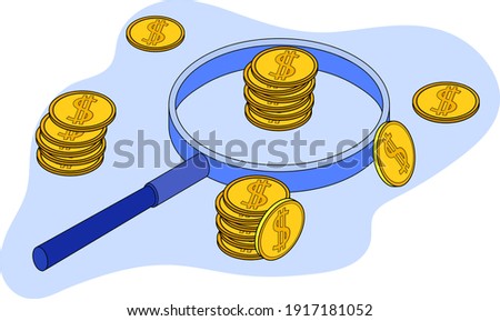 Search for financial investments.The concept of business analysis, search for financial success.The magnifying glass and money is a metaphor for studying profitability.3D image.Isometric illustration.