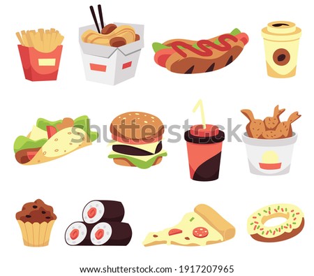 A set of fast food icons pizza and chicken, fries and cheeseburger, dessert and beverages, rolls and hotdog. Traditional takeaway food in chain fastfood cafes. Vector illustrations