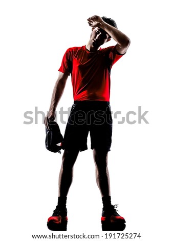 one young man runners joggers tired exhaustion breathless heat in silhouettes isolated on white background
