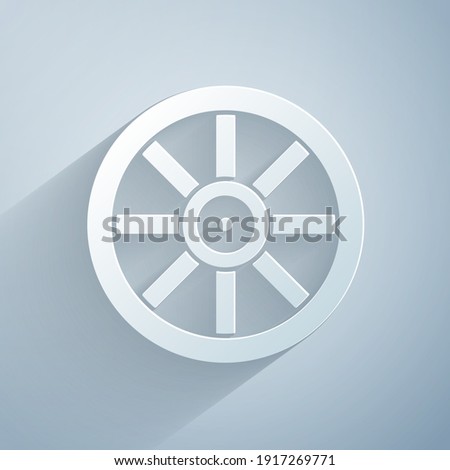 Paper cut Old wooden wheel icon isolated on grey background. Paper art style. Vector