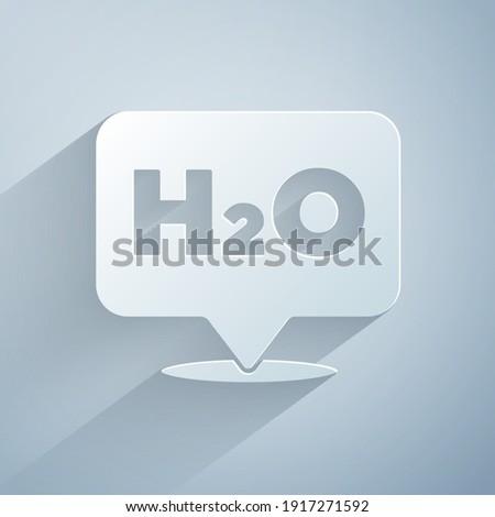 Paper cut Chemical formula for water drops H2O shaped icon isolated on grey background. Paper art style. Vector
