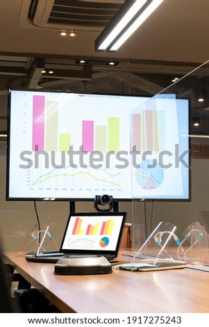 Laptop and television display with chart ,diagram presentation and face shield on table in meeting room with clear acrylic sheet separates the center