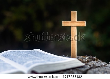 The cross is placed near the Bible. Natural background It is a request for blessing from God, the power of holiness. It represents forgiveness by faith, worshiping the thought.
