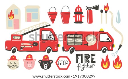 Firefighter set. Fire truck, extinguisher and hydrant. Hand drawn trendy scandinavian style childish collection, kids doodle cars, textile print and nursery decoration cartoon isolated illustration Royalty-Free Stock Photo #1917300299