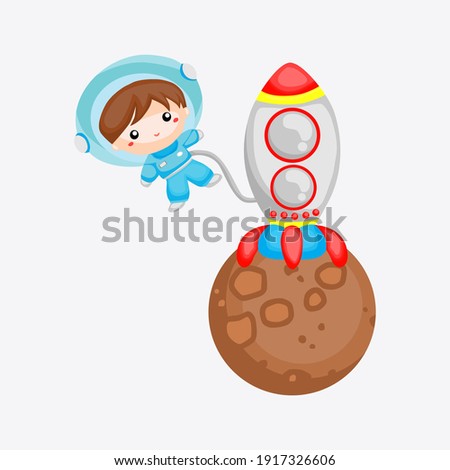 Vector Illustration astronout boy with spaceship landing on moon.suitable for children's books, fairy tales, cover and contents