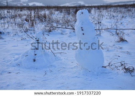 One big and one small snowman decorated with branches on a meadow