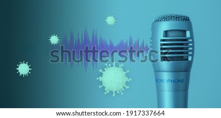 Clubhouse podcast blue - green banner with studio microphone and light wave. Professional broadcast microphone recording sound with waveform signal on blue green background