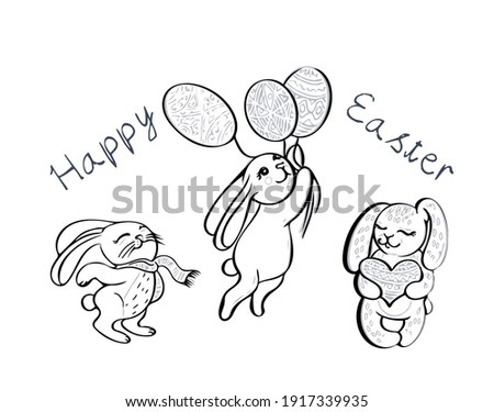 Easter bunnies set with colored eggs and a heart. Concept line art easter illustration.