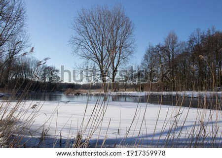 Frozen lake, snow landscape on a sunny day 